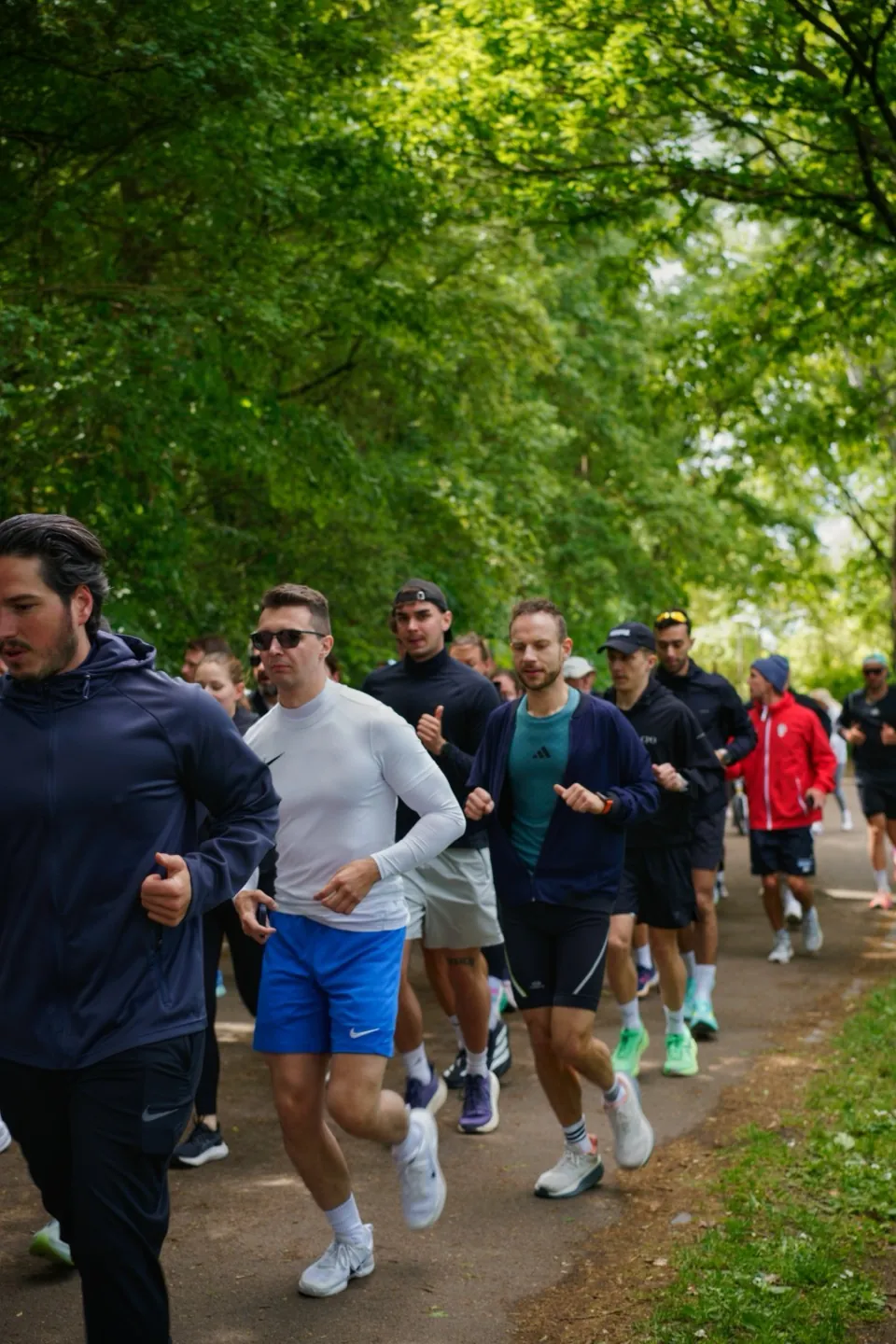 A large group of runners on a tree-lined path